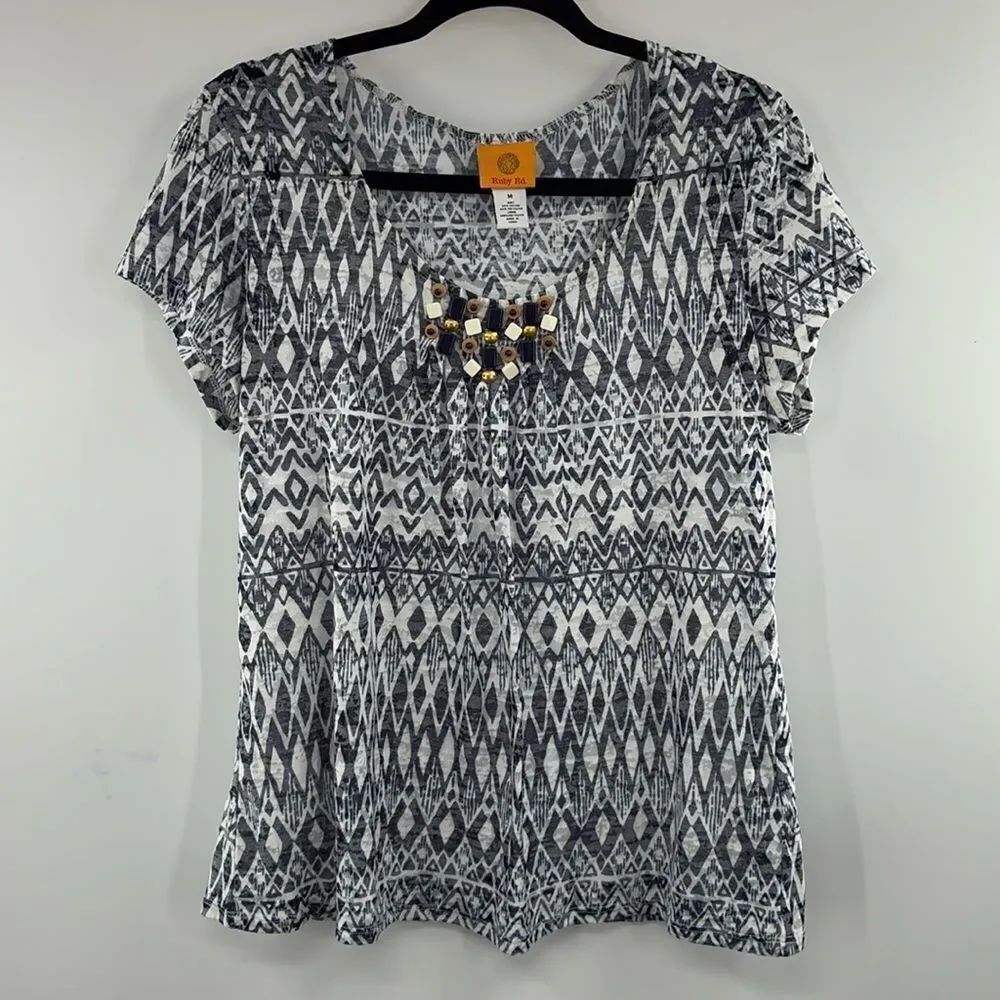 3for$20 Ruby Road Blue/White Tribe Beaded Collar Top size M